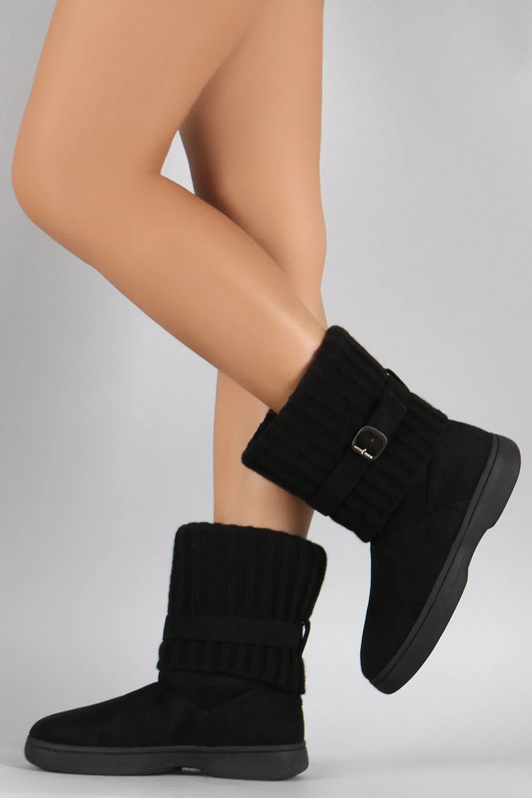 Bamboo Sweater Cuff Buckled Flat Ankle Boots