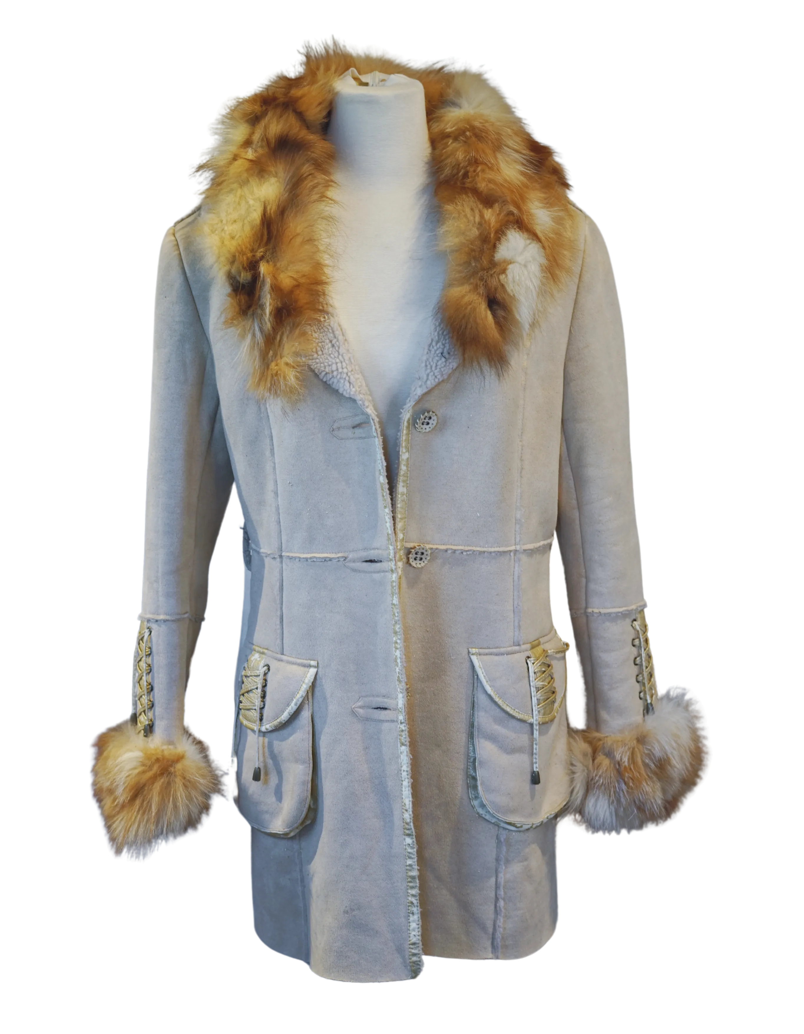 Beige Suede Coat with Detachable Fur Collar