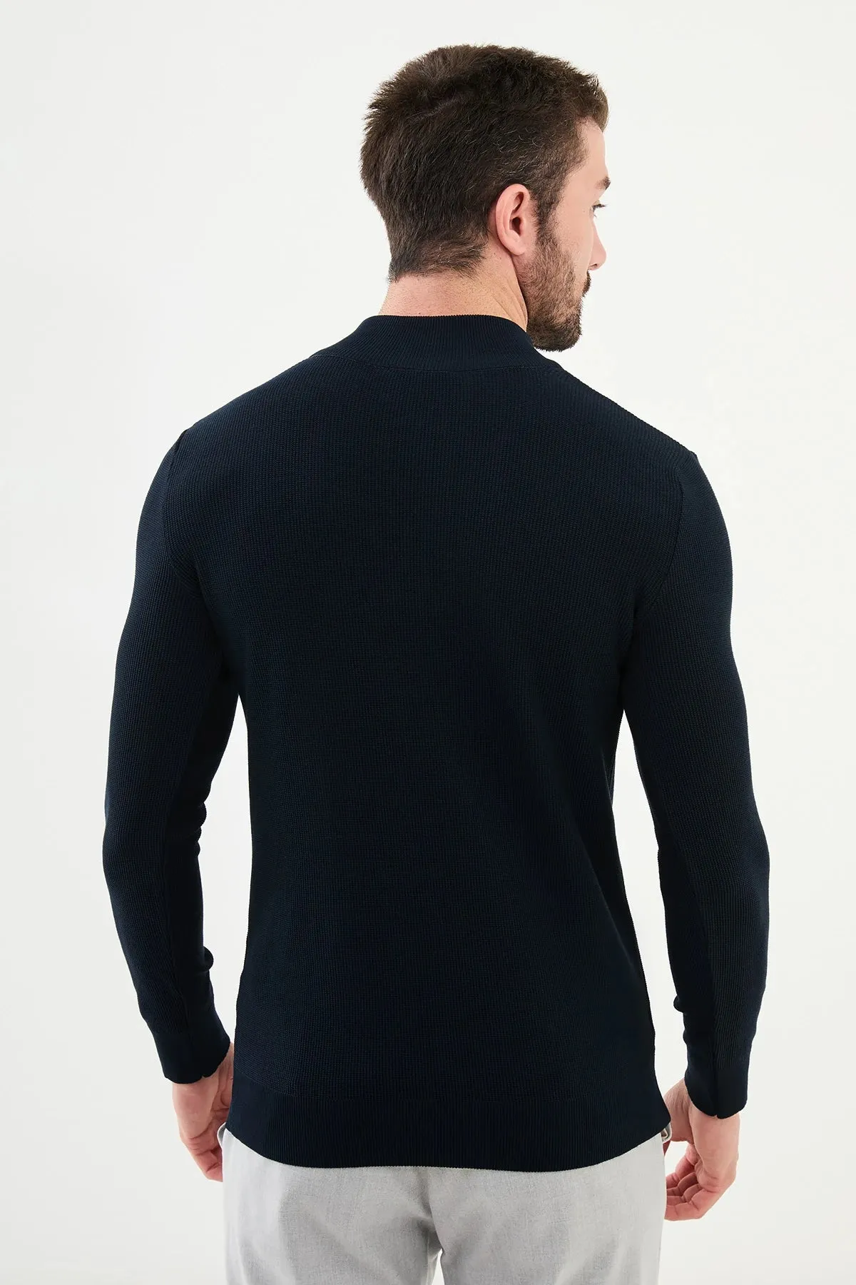 Bojoni Capena Textured Slim Fit Zippered Half Turtleneck Navy Blue Knitwear Sweater