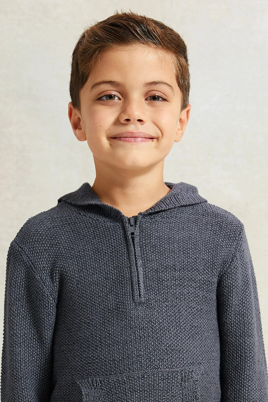 Boys Grey Solid Hooded Sweater