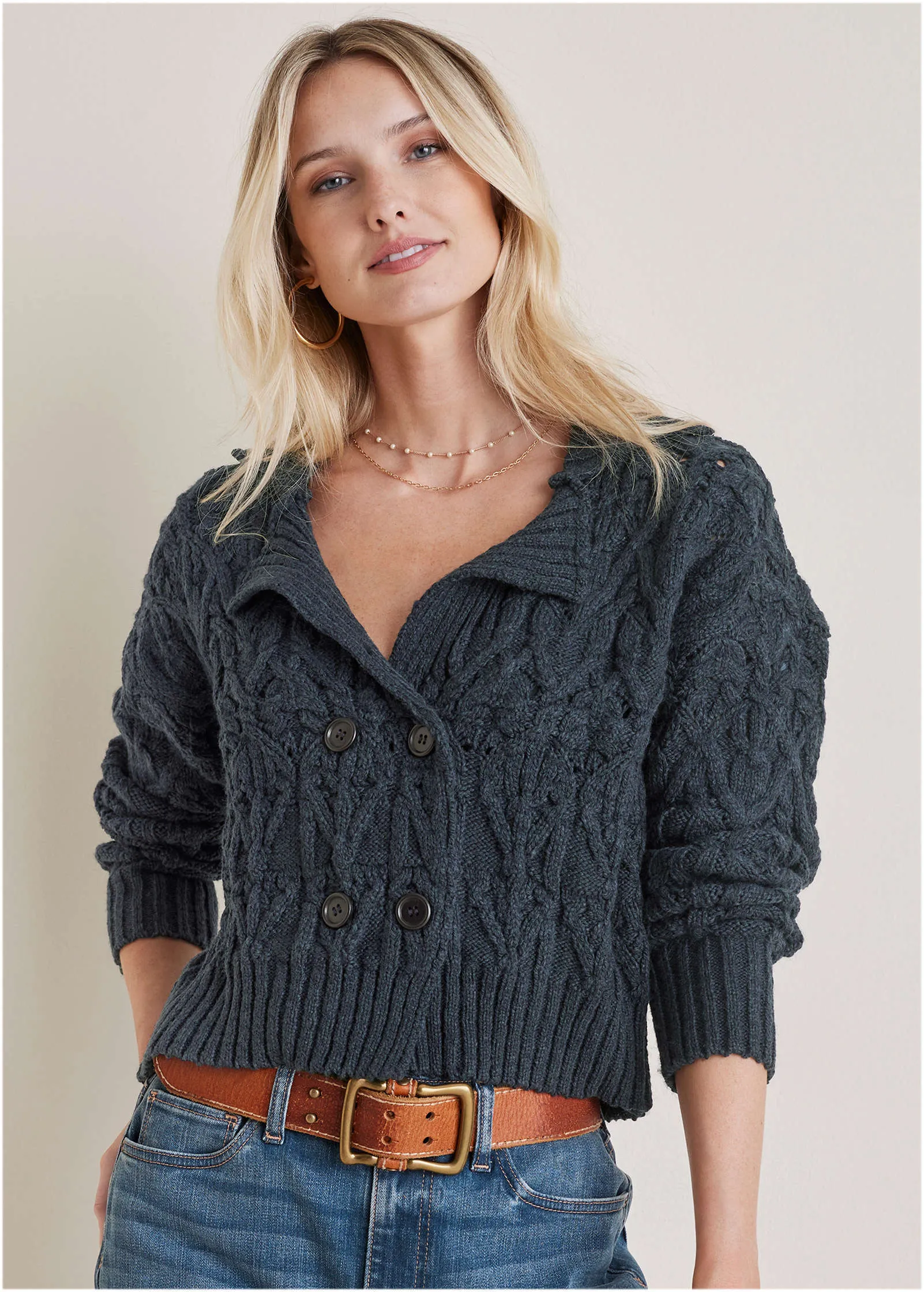 Cable Knit Cardigan - Navy