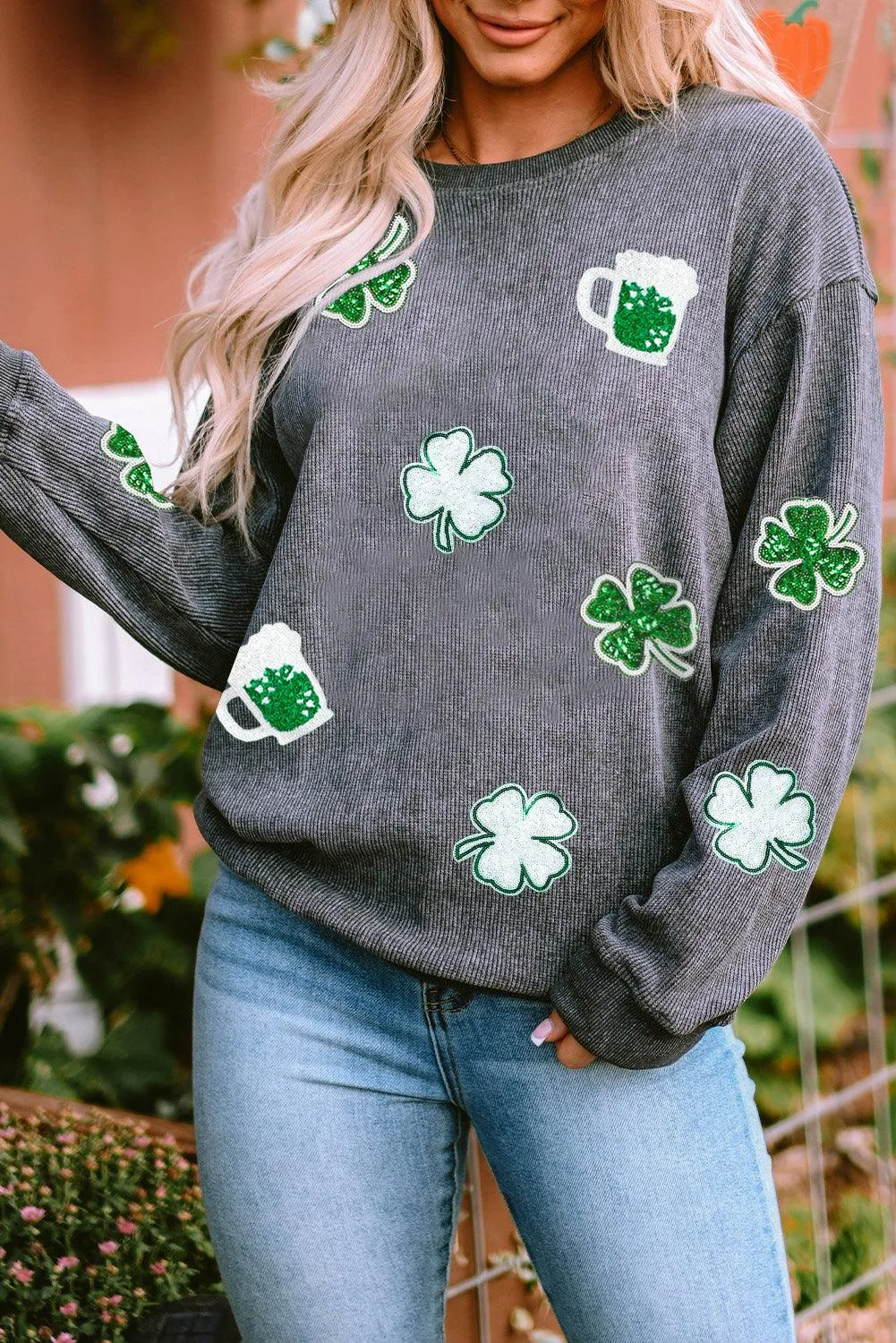 Corduroy Sequin Clover St Patrick Graphic Sweatshirt