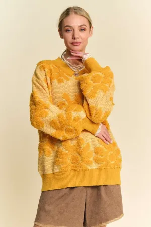 Flower Texture Round Neck Dropped Shoulder Sweater