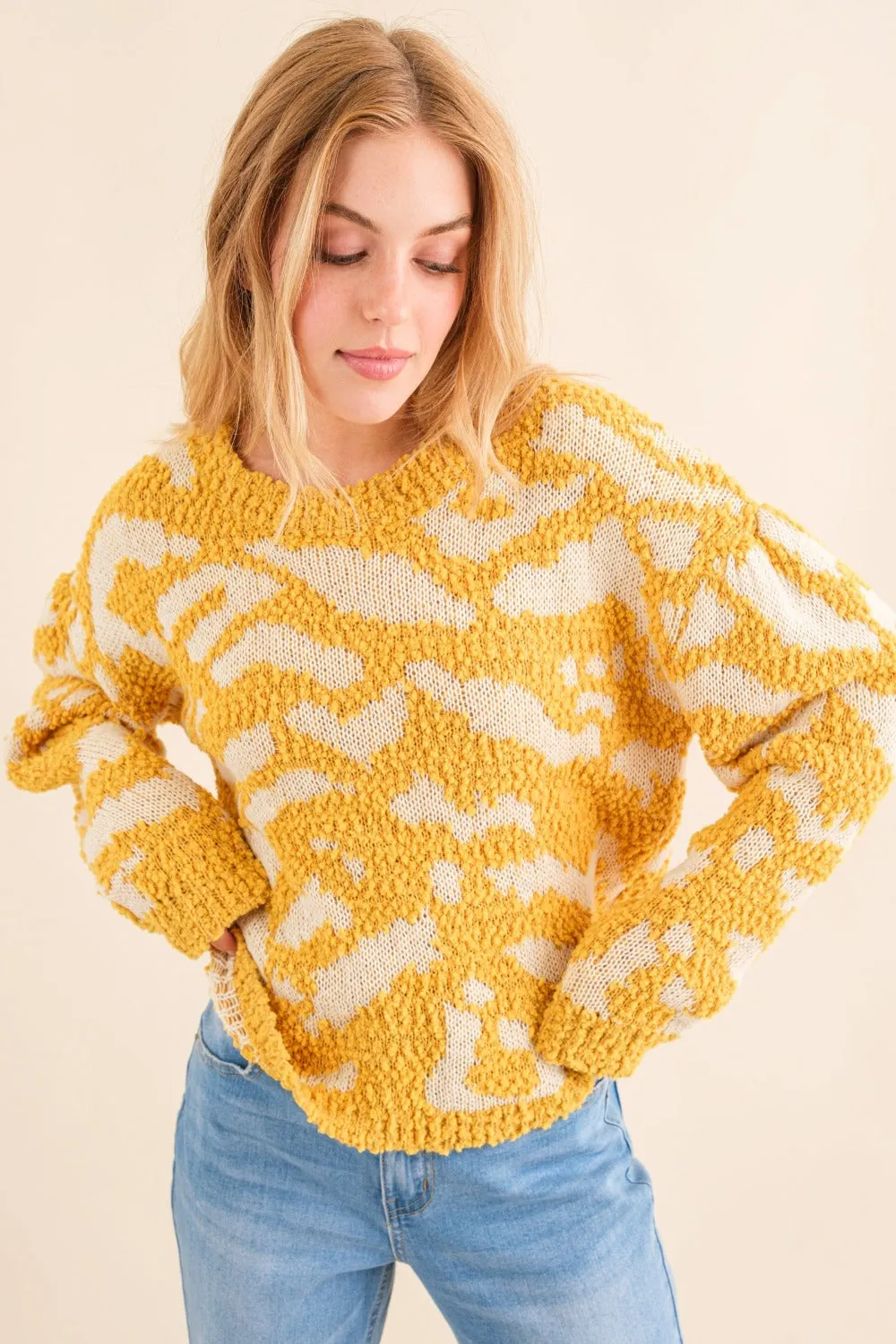 Full Size Textured Pattern Contrast Sweater