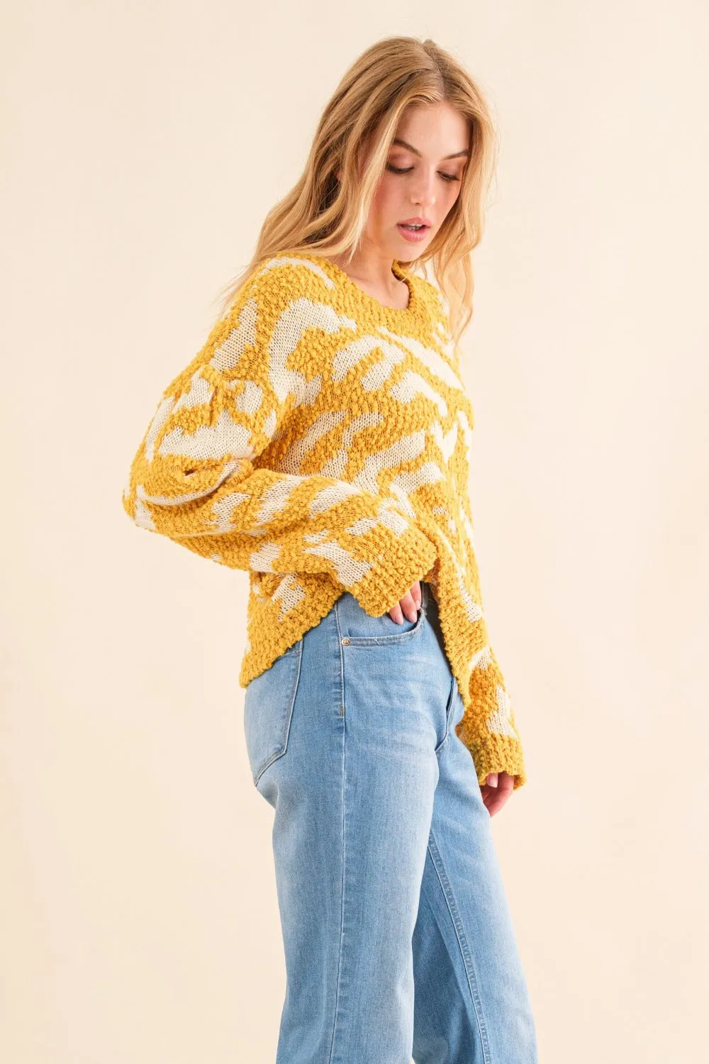 Full Size Textured Pattern Contrast Sweater