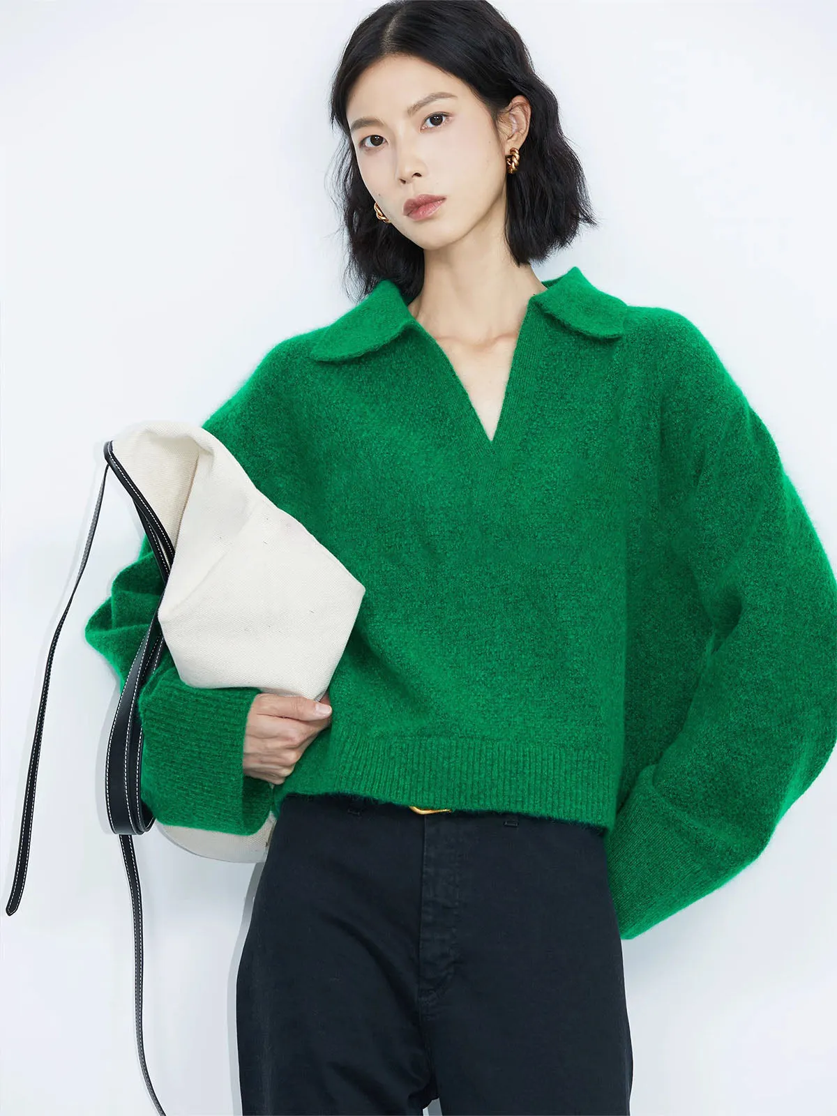 Green Collared Pullover Oversized Knit Sweater