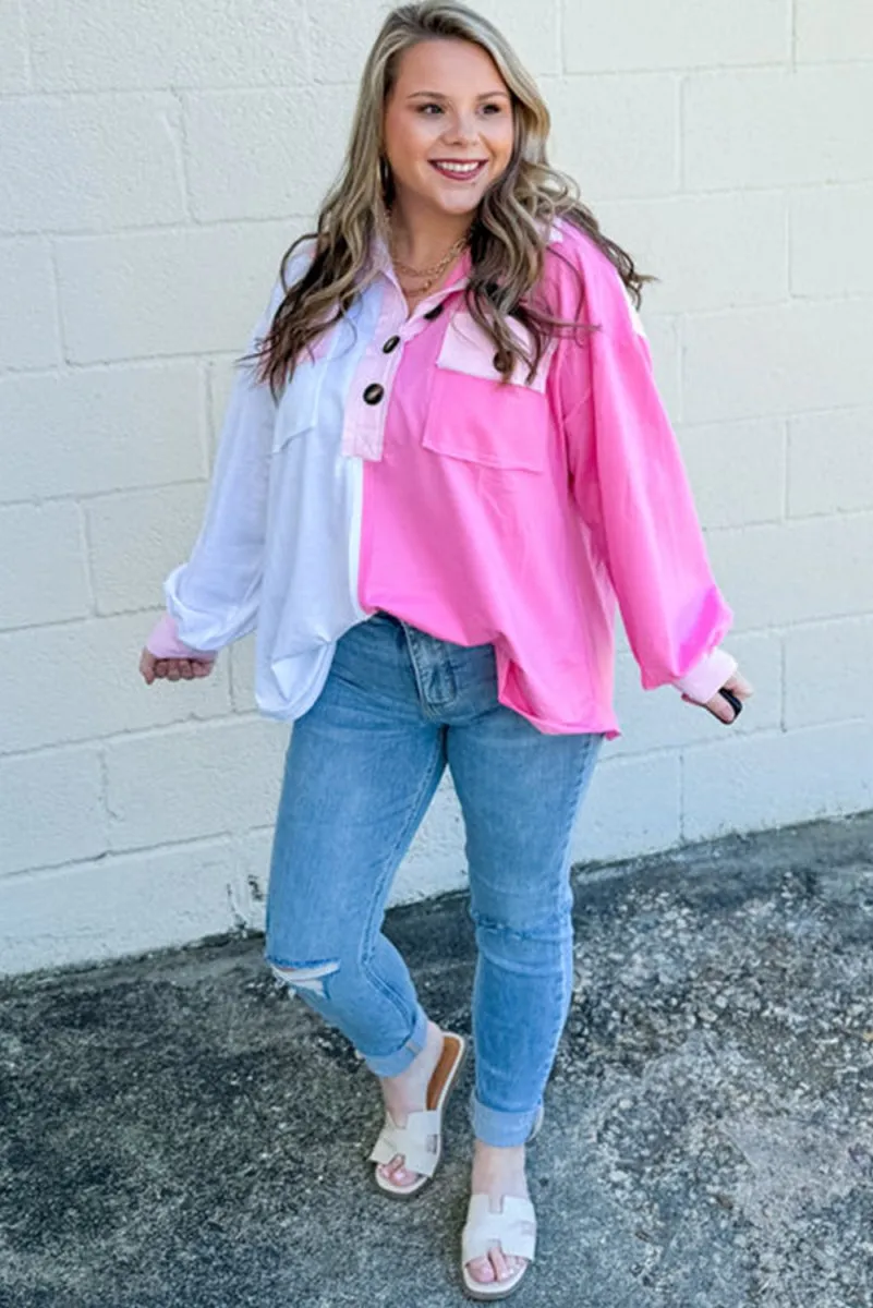 Jenny Pink Half Button Plus Size Sweatshirt