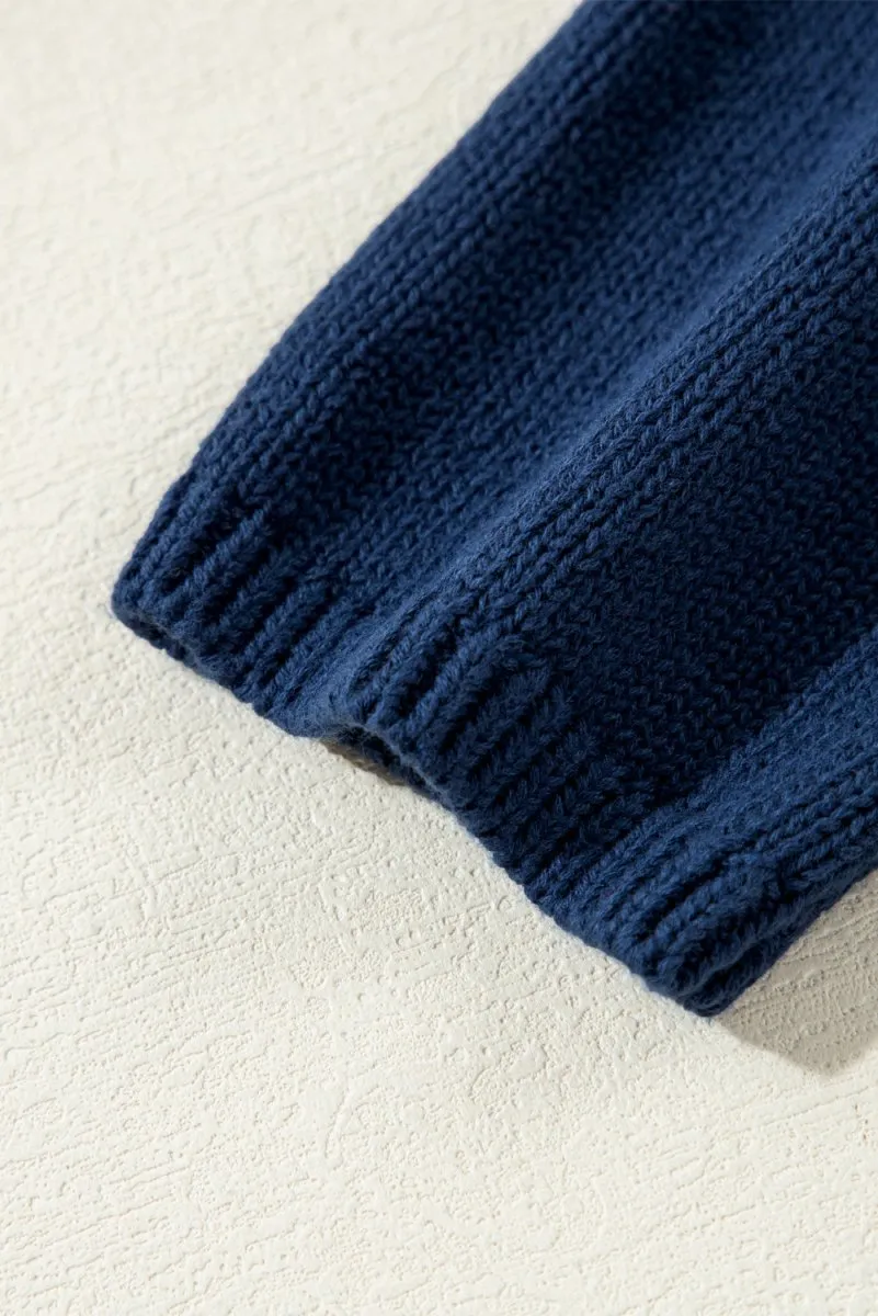 Knitted Navy Blue Star Drop Shoulder Sweater