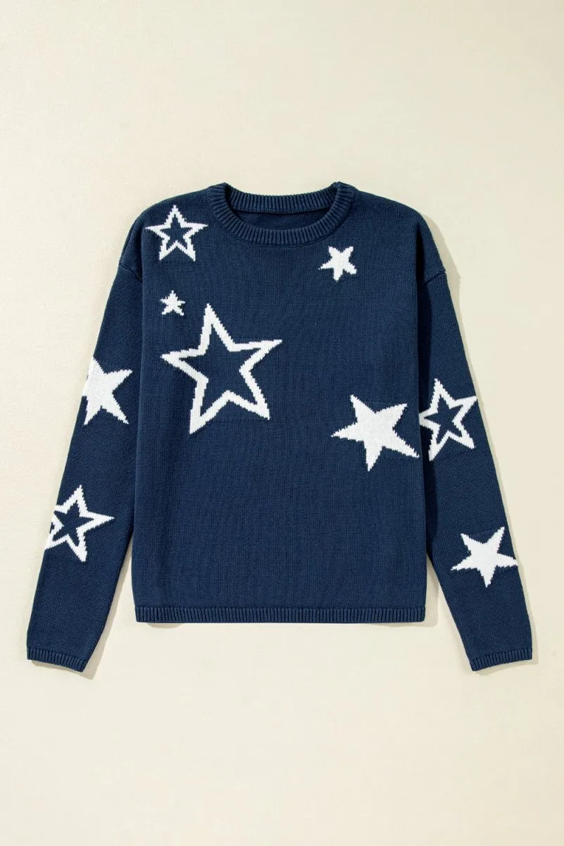 Knitted Navy Blue Star Drop Shoulder Sweater