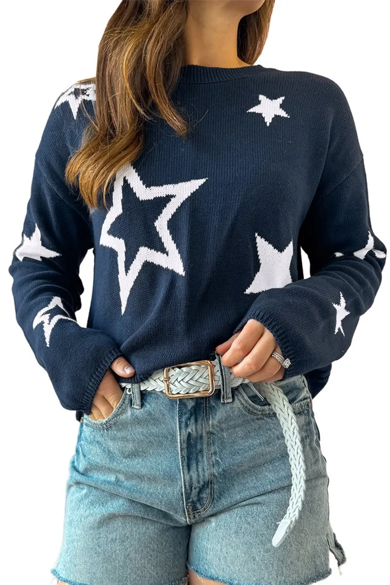 Knitted Navy Blue Star Drop Shoulder Sweater