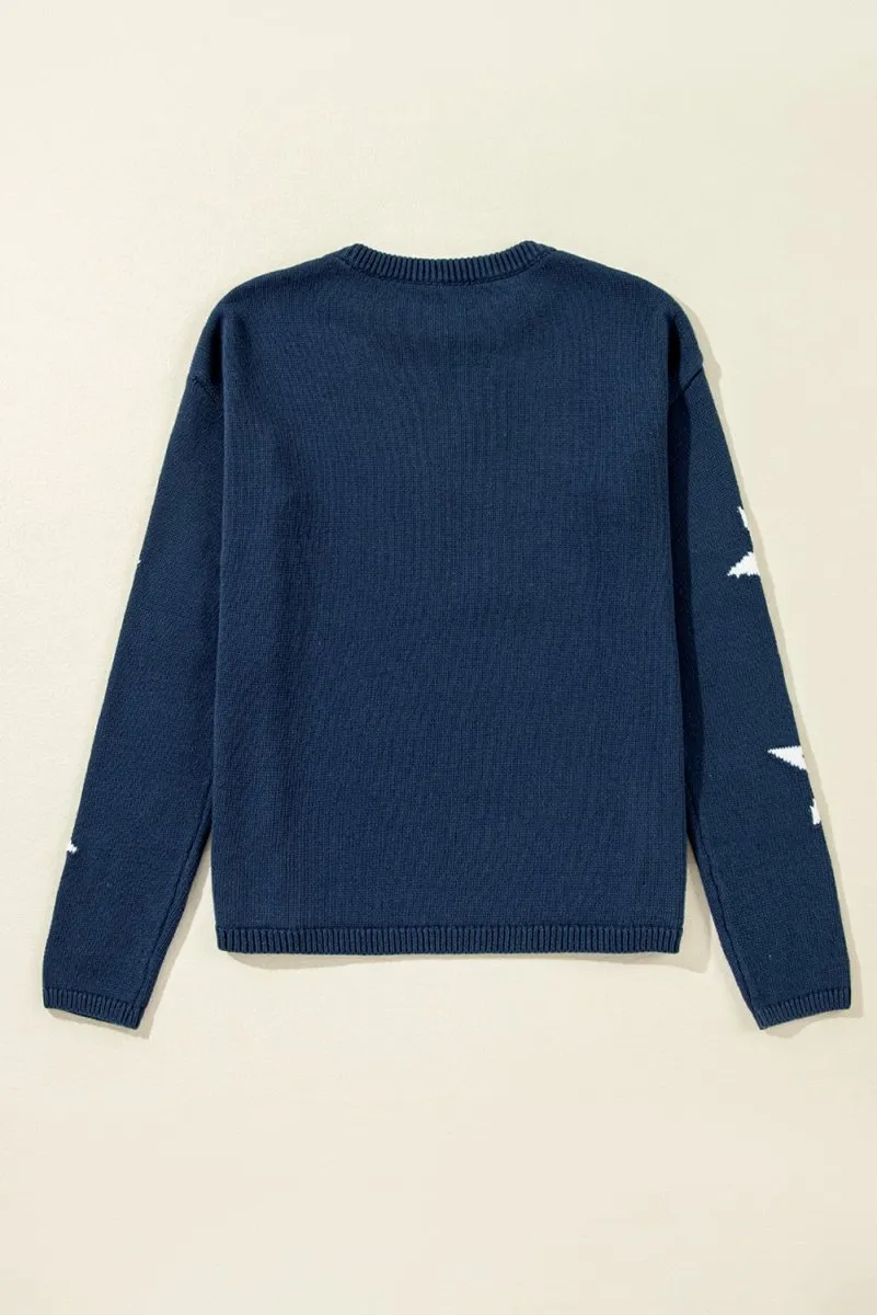 Knitted Navy Blue Star Drop Shoulder Sweater