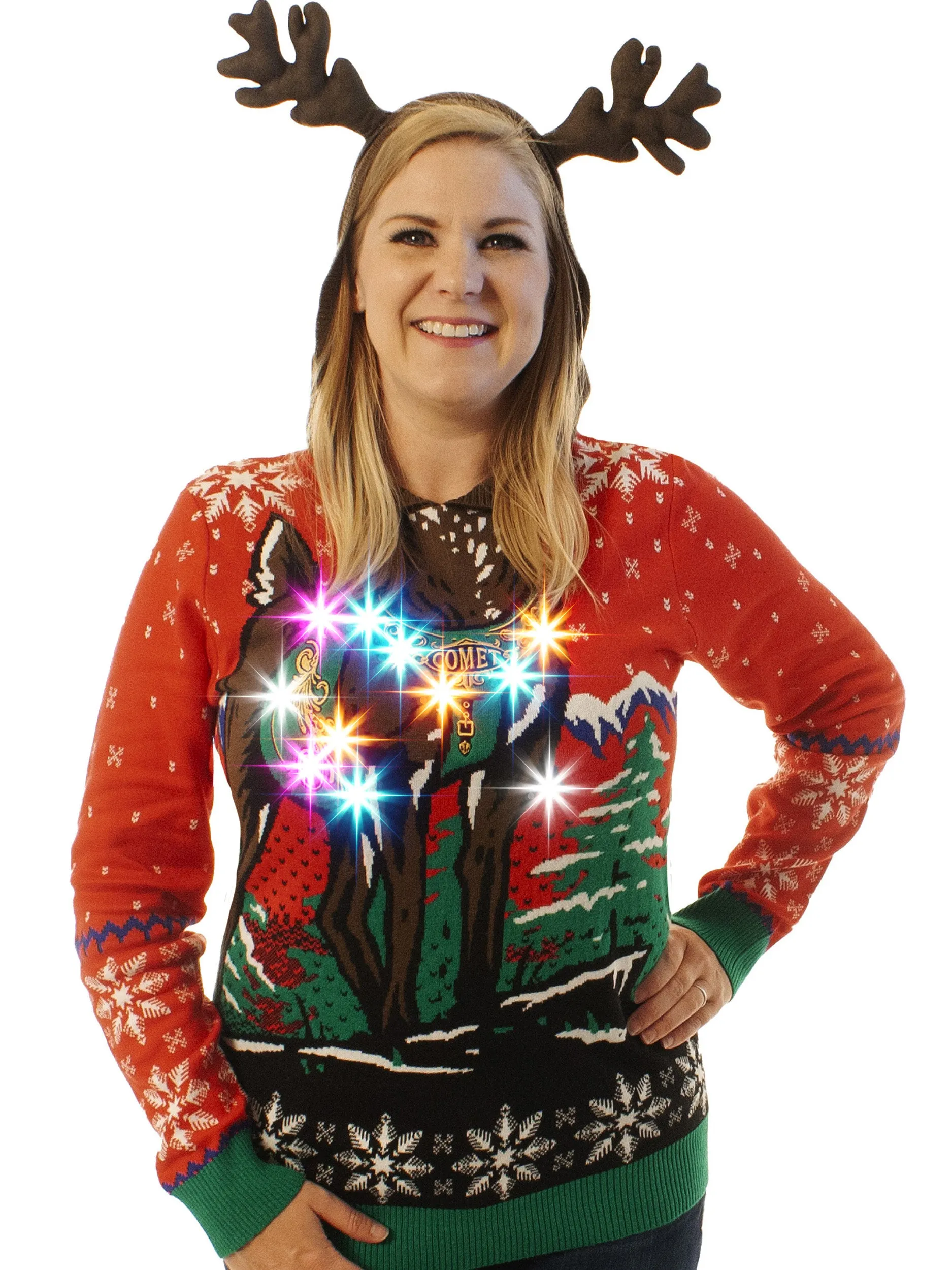 Light UP - Reindeer Hoodie | Ugly Christmas Sweater For Men & Women | Unisex Sizing