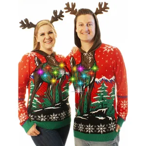 Light UP - Reindeer Hoodie | Ugly Christmas Sweater For Men & Women | Unisex Sizing