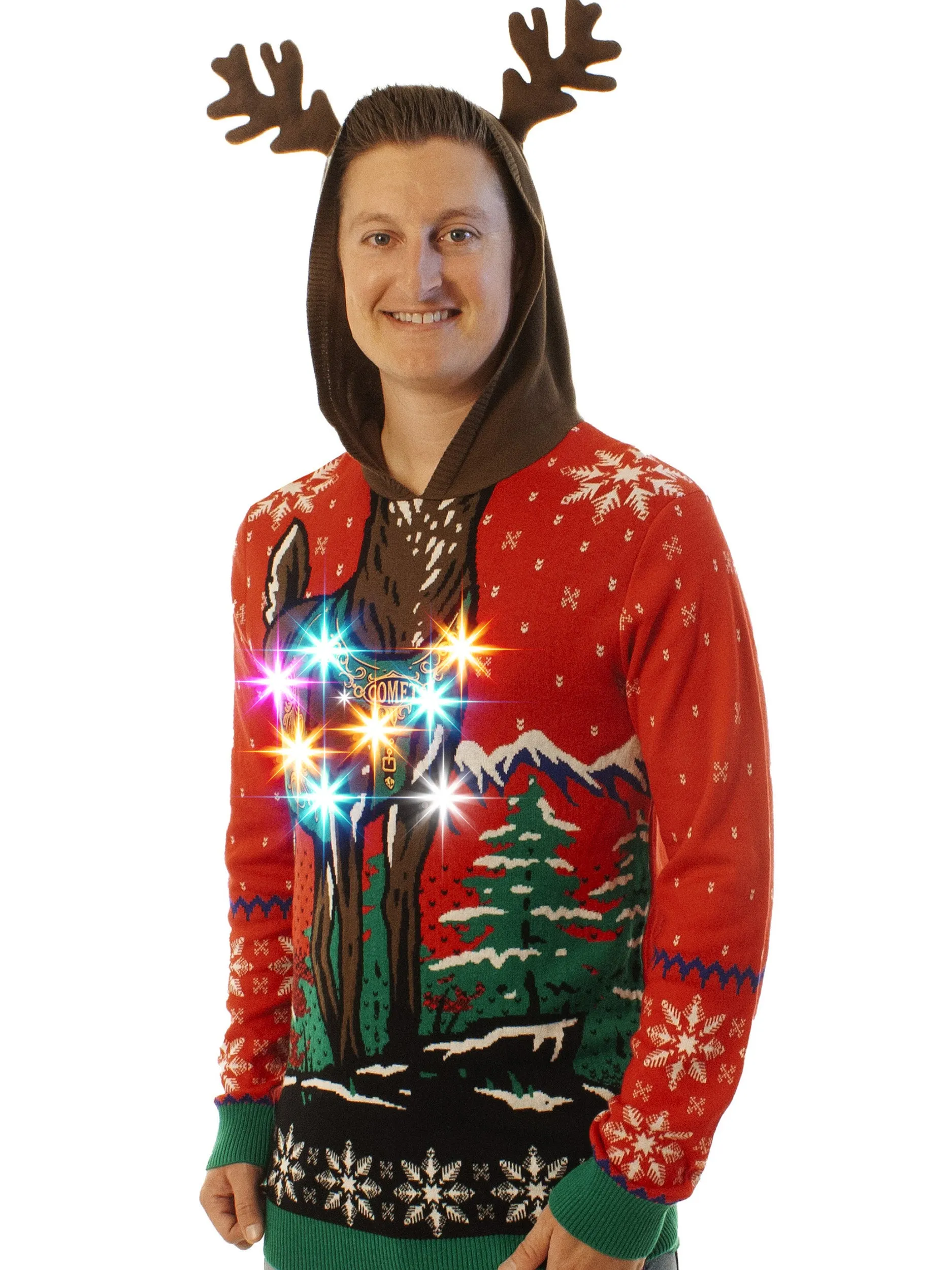 Light UP - Reindeer Hoodie | Ugly Christmas Sweater For Men & Women | Unisex Sizing