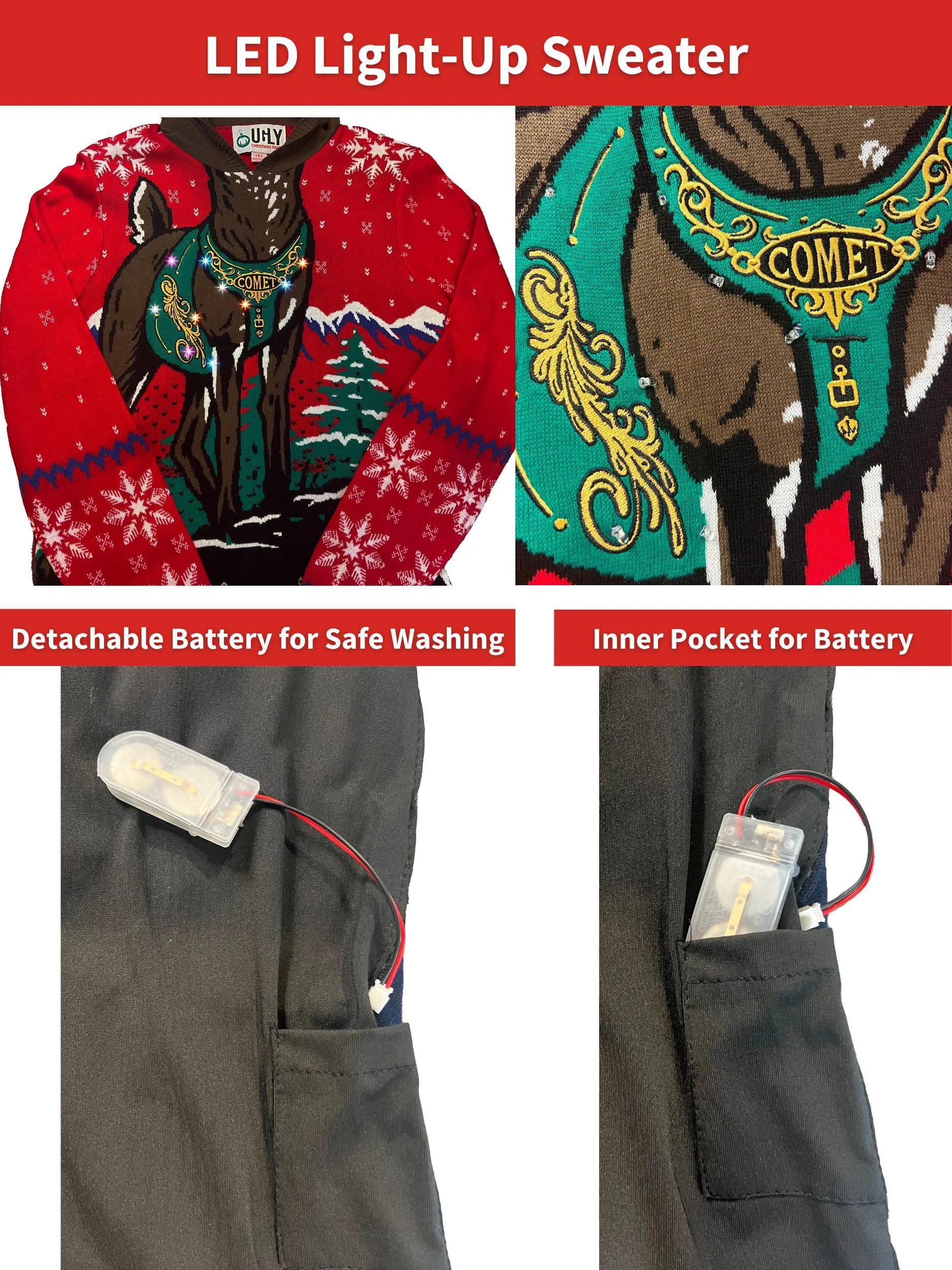 Light UP - Reindeer Hoodie | Ugly Christmas Sweater For Men & Women | Unisex Sizing