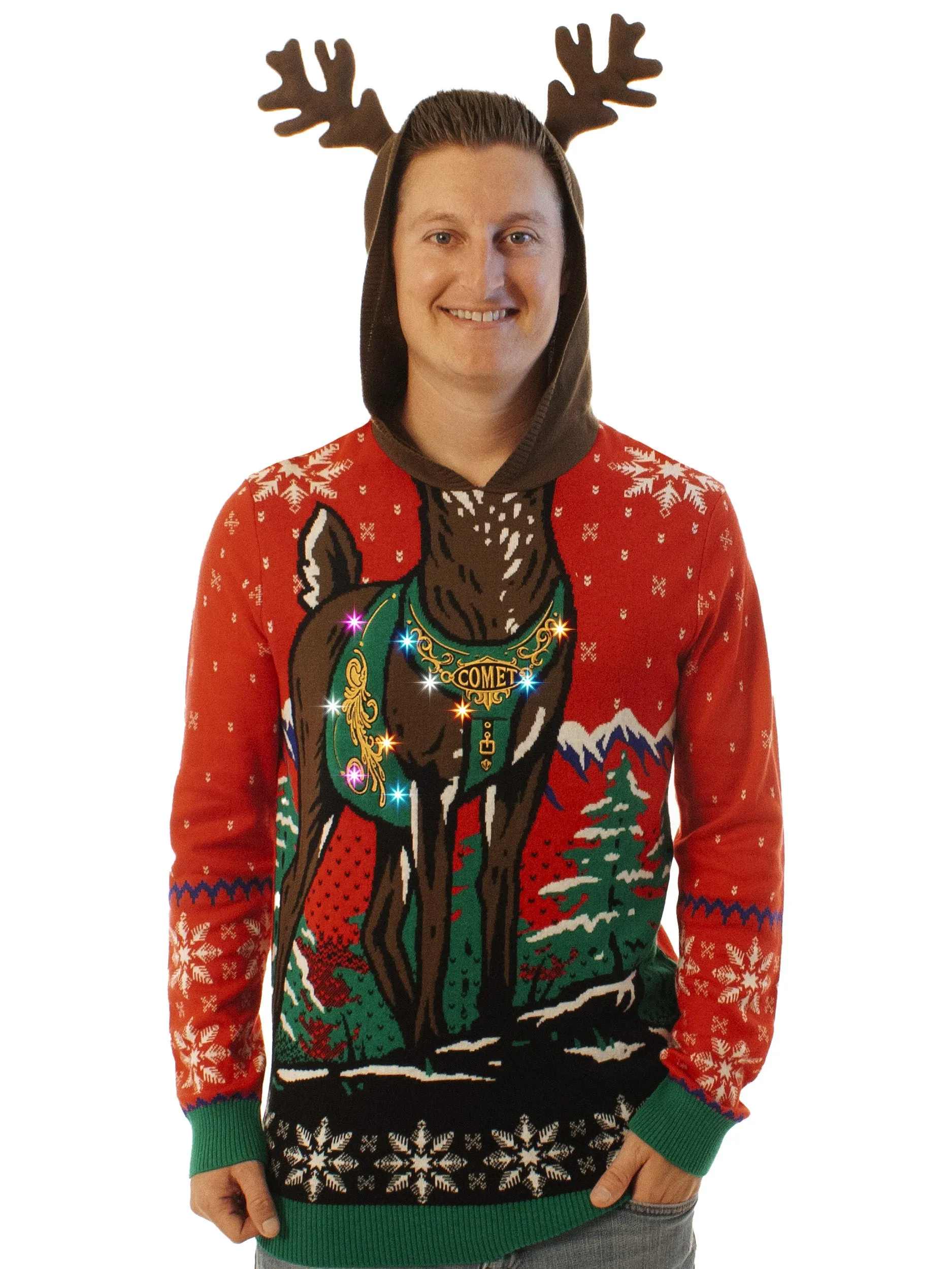 Light UP - Reindeer Hoodie | Ugly Christmas Sweater For Men & Women | Unisex Sizing