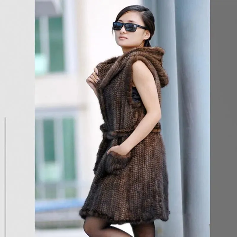 Luxurious Warmth: Hooded Genuine Knitted Mink Fur Vest Coat for Stylish Winter Elegance