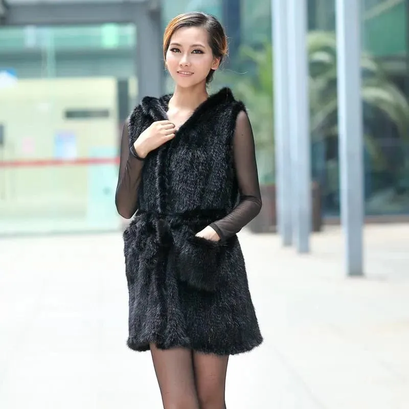 Luxurious Warmth: Hooded Genuine Knitted Mink Fur Vest Coat for Stylish Winter Elegance