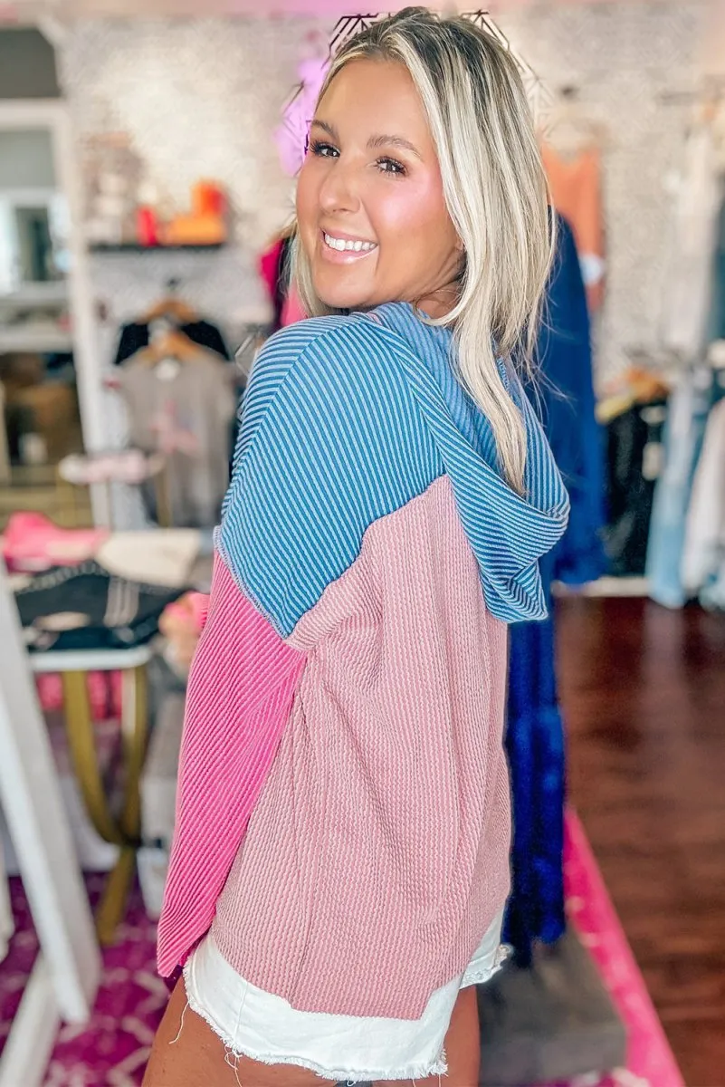 Pink and Blue Corduroy Knit Loose Fit Hoodie