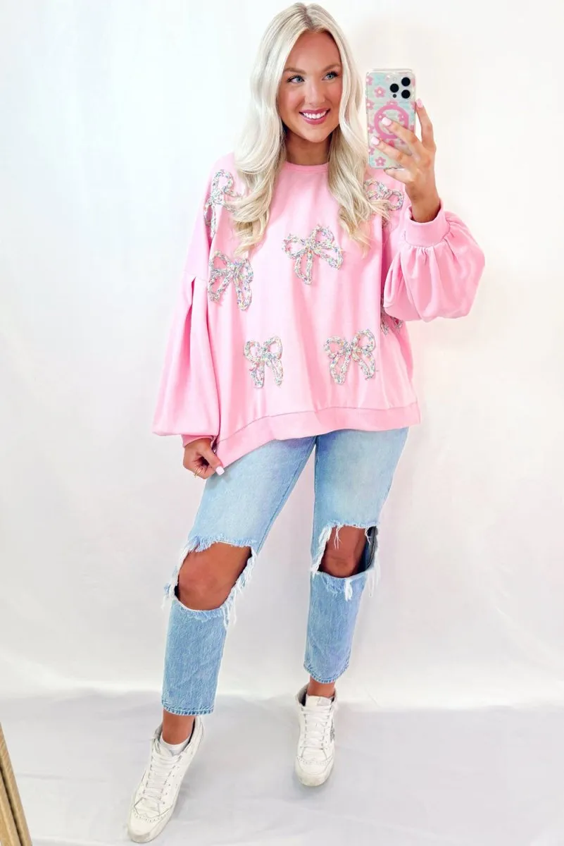 Pink Embroidered Bows Oversized Sweatshirt