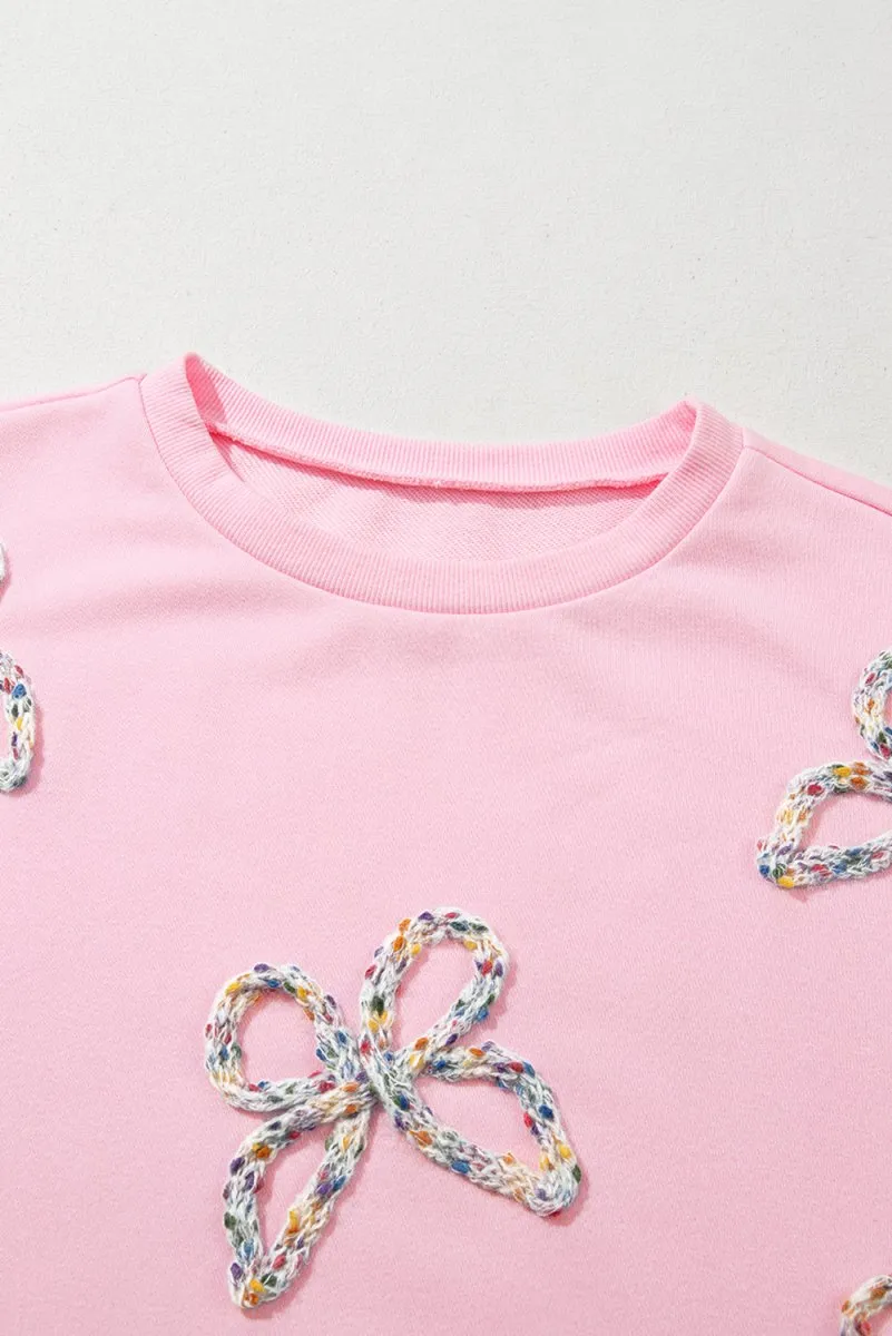 Pink Embroidered Bows Oversized Sweatshirt