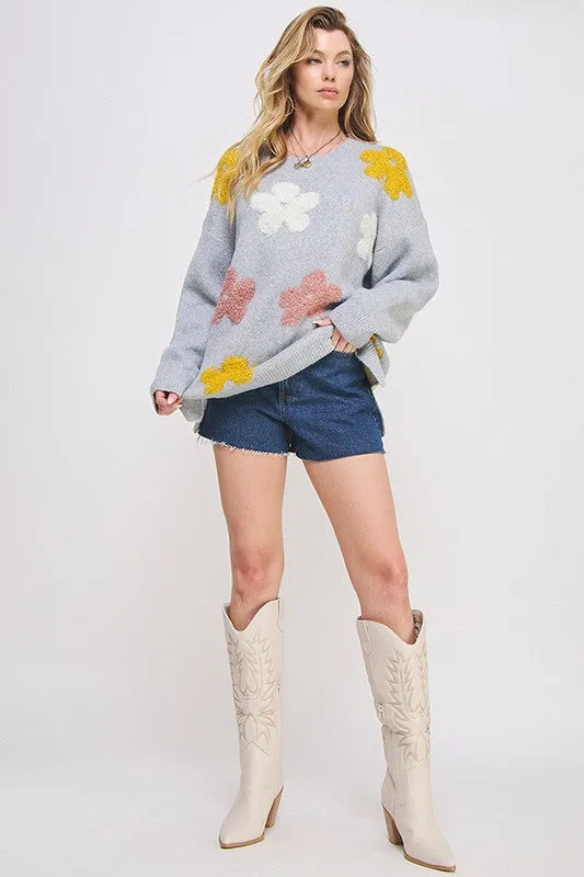 PLUS SIZE OVERSIZED LONG SLEEVE FLORAL KNIT SWEATER  - Online Exclusive