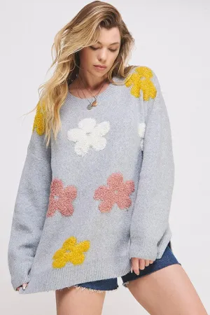 PLUS SIZE OVERSIZED LONG SLEEVE FLORAL KNIT SWEATER  - Online Exclusive