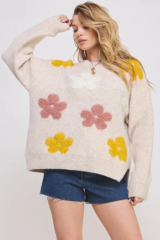 PLUS SIZE OVERSIZED LONG SLEEVE FLORAL KNIT SWEATER  - Online Exclusive