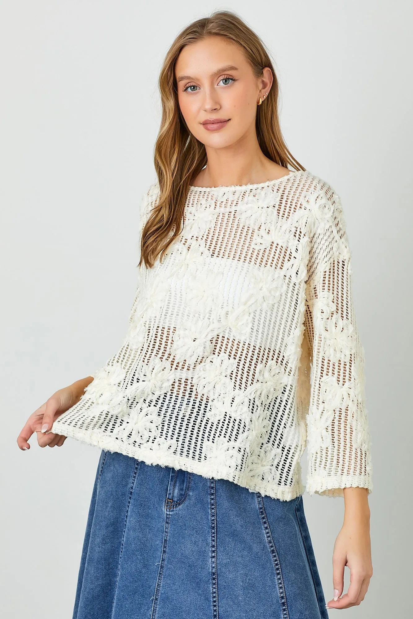 Polagram Textured Floral Crochet Sweater Top in Natural