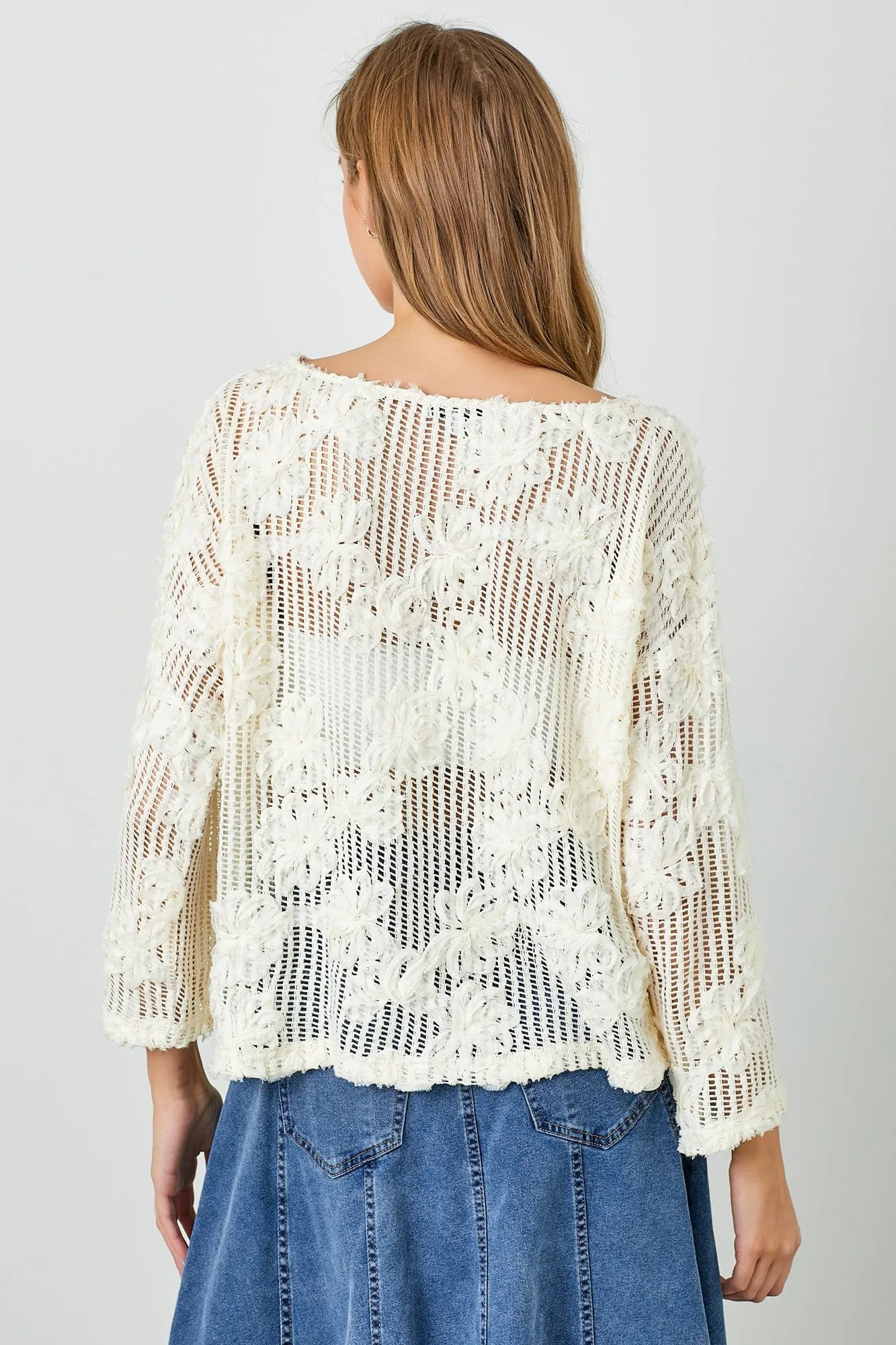 Polagram Textured Floral Crochet Sweater Top in Natural