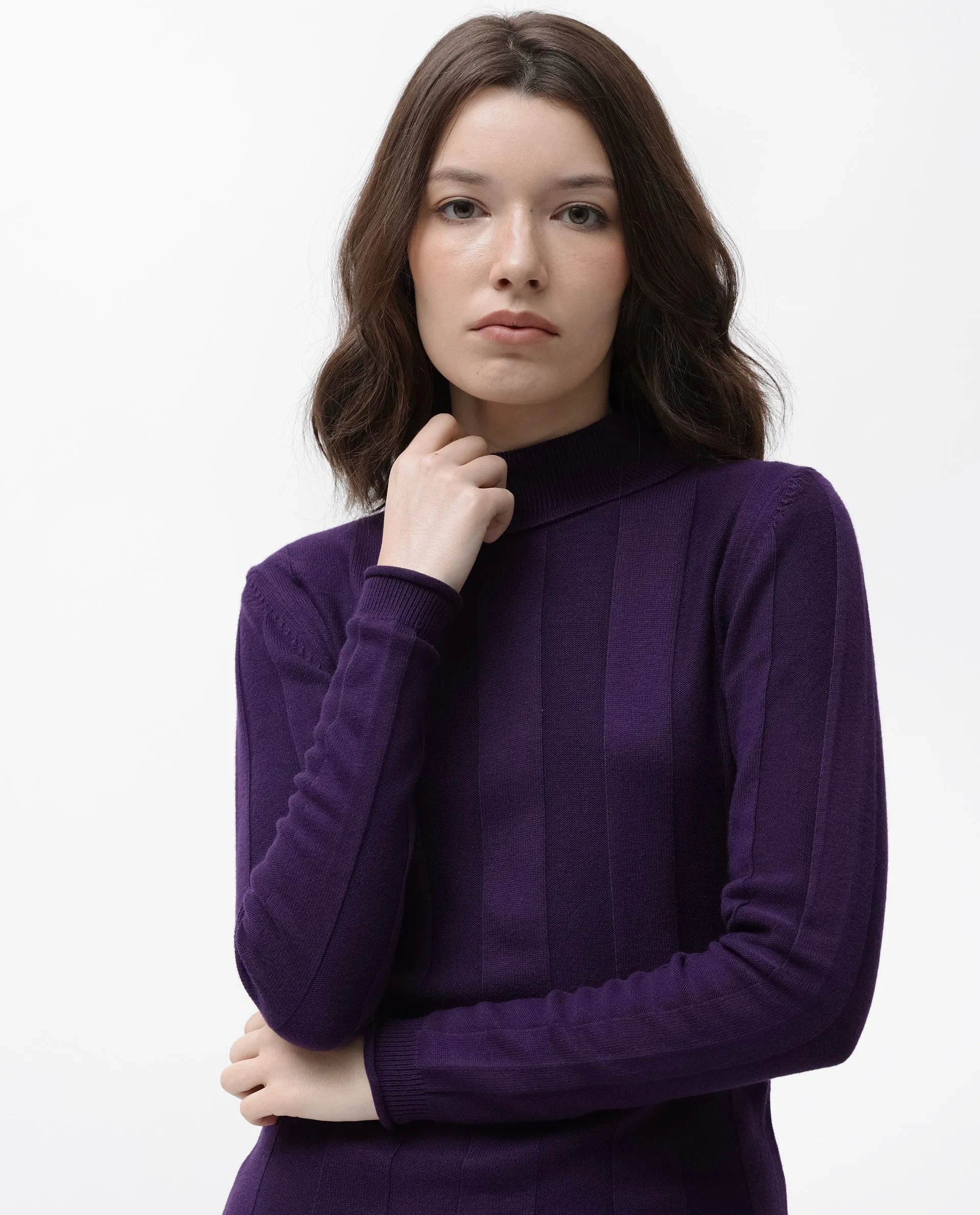 Rareism Women Knitka Purple Cotton Fabric Full Sleeves Turtle Neck Regular Fit Striped Knee Length Sweater