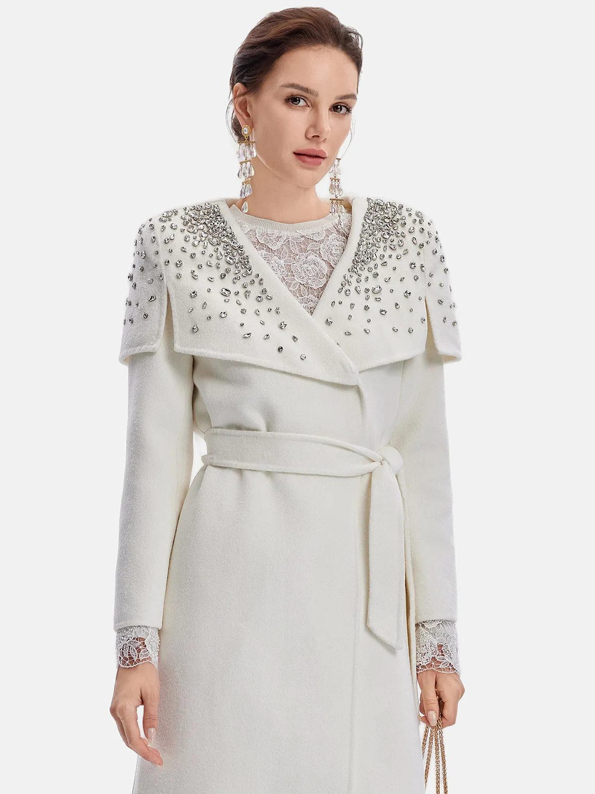 Rhinestone-Embellished Oversized Lapel Coat