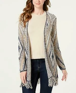 Style and Co Jacquard Knit Fringed-Hem Long Cardigan, Size Small