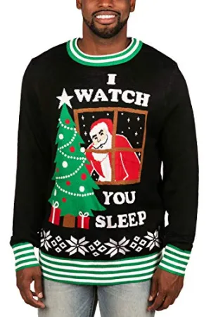 Tipsy Elves' Men's I Watch You Sleep Pullover - Funny Black Ugly Christmas Sweater Size Medium