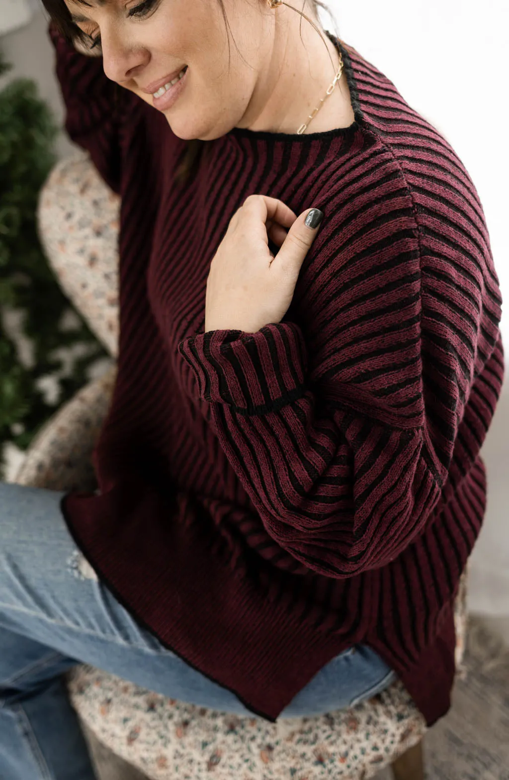 Two Tone Ribbed Long Sleeve Sweater