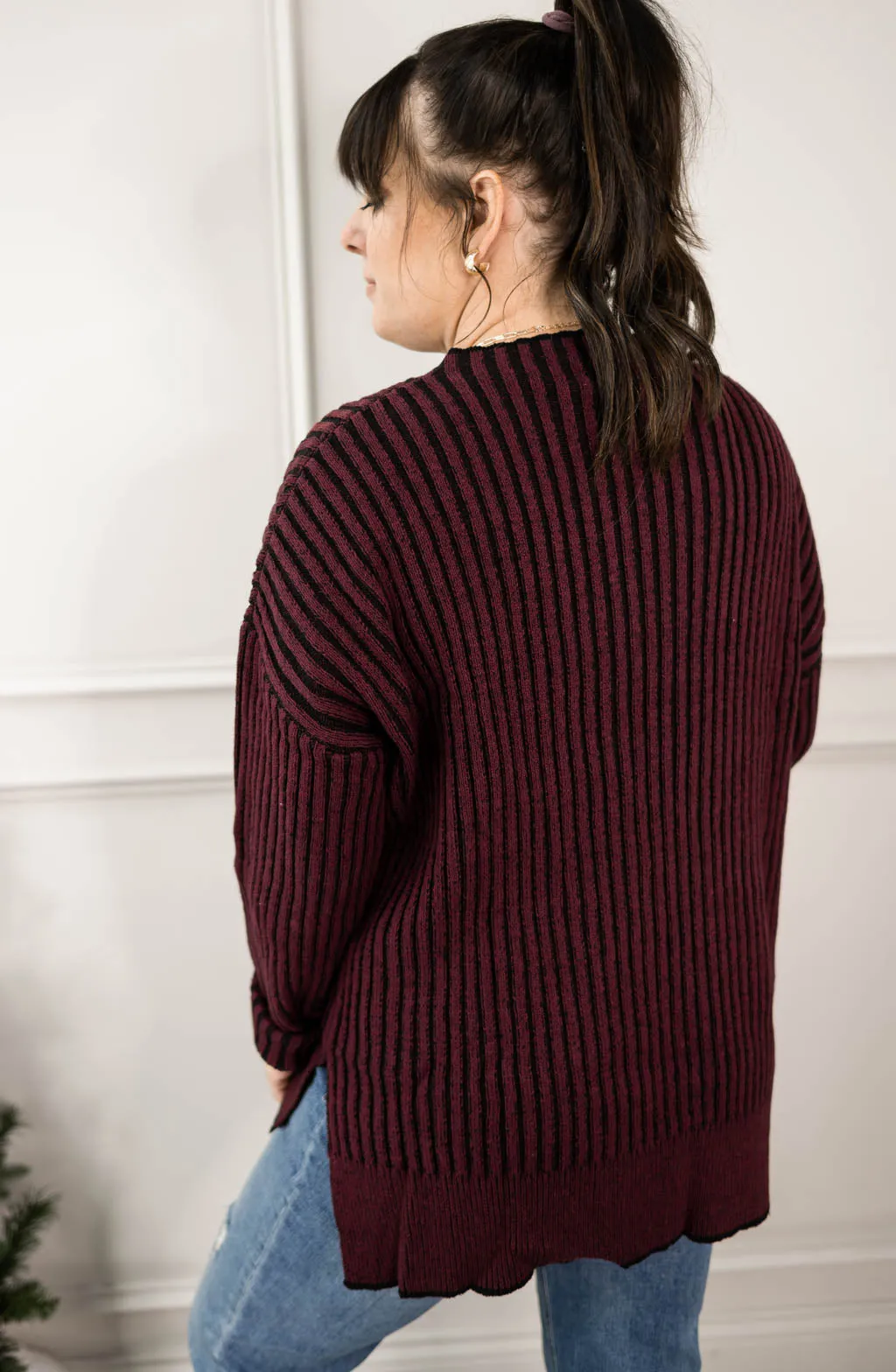 Two Tone Ribbed Long Sleeve Sweater