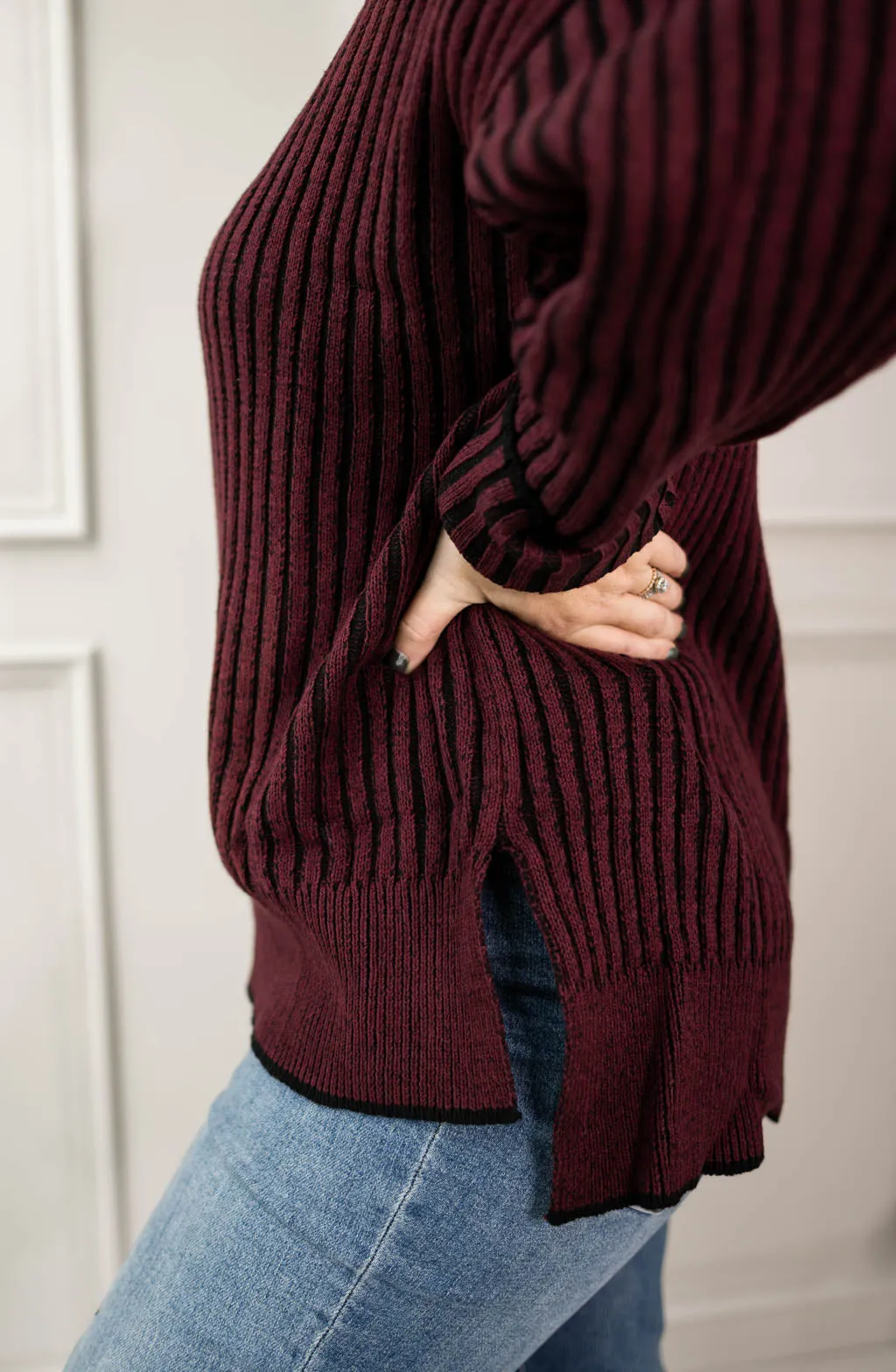 Two Tone Ribbed Long Sleeve Sweater